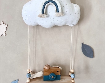 Jolie veilleuse nuage arc-en-ciel bleu grisé et son étagère balançoire en bois - décoration style bohème
