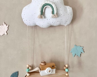 Jolie veilleuse nuage arc-en-ciel vert et son étagère balançoire en bois - décoration style bohème