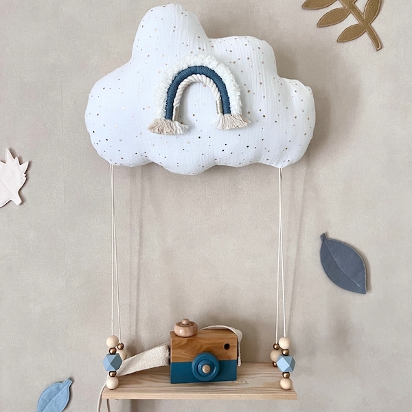 Jolie veilleuse nuage arc-en-ciel bleu grisé et son étagère balançoire en bois - décoration style bohème