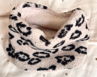 snood réversible fourrure léopard beige et noir et gaze - bébé enfant ou adulte