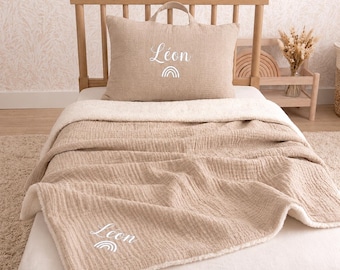 Kit Sieste Couverture et coussin Personnalisés Prénom Enfant en Double Gaze - 10 coloris - Ecole Maternelle Crèche