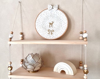 Pretty swing shelf with hanging rail - white gold and wood beads - baby room decoration