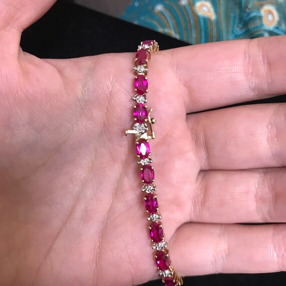 Lovely 10k Synthetic Ruby & Diamond Bracelet - image 3