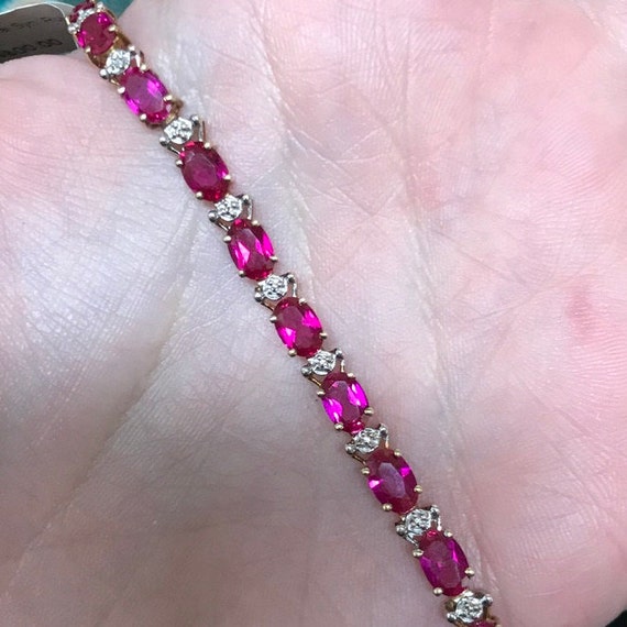 Lovely 10k Synthetic Ruby & Diamond Bracelet - image 2