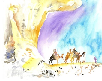 Egypt Watercolor Painting on Canvas Print | Camels Art | Desert Art | Pyramids Art | Desert Painting | Original Art