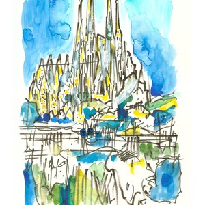 Original Watercolor  PRINT | Barcelona Drawing | Barcelona Art | Spain | Gaudi Architecture | Basilica de la Sagrada | Wall Art