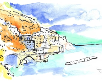 Kunstdruck eines Aquarellgemäldes der Amalfiküste, Original-Landschaftskunst aus Italien, Wanddekoration eines Küstendorfes, mediterranes Meerespanorama, Reisegeschenk