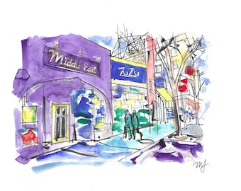 Kunstdruck eines Aquarellgemäldes eines Restaurants aus dem Nahen Osten, Kunst am Central Square in Cambridge, Tuschskizze des ZuZu Clubs, Bostoner Nachtleben, Wandkunst