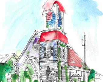Kunstdruck der Pigeon Cove Chapel in Rockport, Massachusetts | Druck nach einem Originalgemälde | Kirchenkunst der Cape Ann Coast | Kunst aus Neuengland