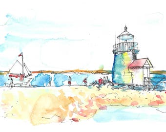 Kunstdruck eines Aquarellgemäldes des Leuchtturms von Brant Point | Wandbild aus Nantucket | Küstenstil Neuenglands | Strandhaus | Kunstdruck