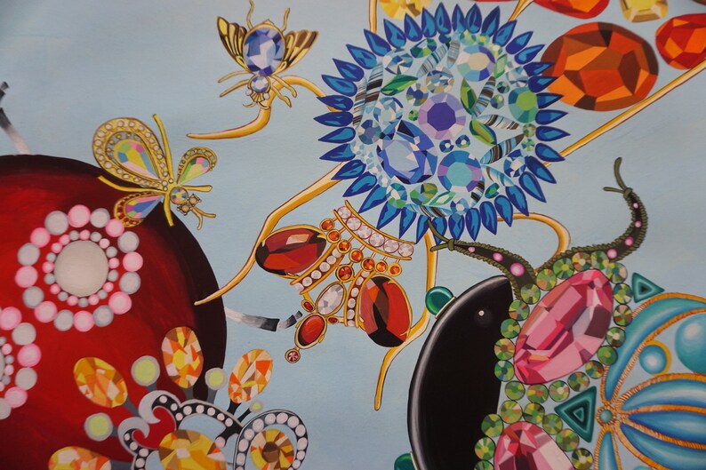 May include: A blue background with a variety of colourful jeweled insects and flowers. The insects are made of gold, silver, and jewels. The flowers are made of jewels and have a variety of colours.