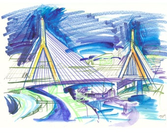 Original Drawing, Boston Sketch, Boston Art, Boston Bridge Drawing, Boston Harbor Drawing, Boston's Leonard P. Zakim Bunker Hill, Wall Art