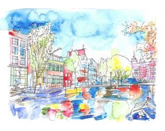 Original Watercolor Painting | Amsterdam, Netherlands | Original Drawing | Amsterdam Canal Houses | Amsterdam Wall Art | Amsterdam Art Gift