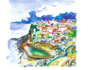 Original Watercolor Painting Print | Lisbon Azenhas do Mar | Lisbon, Portugal | Sintra, Portugal Art | Seaside Town Drawing | Marker Drawing