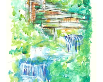 Fallingwater Print | Print from Original Watercolor | Frank Lloyd Wright | Pennsylvania Laurel Heights | Modern Architecture | Falling Water
