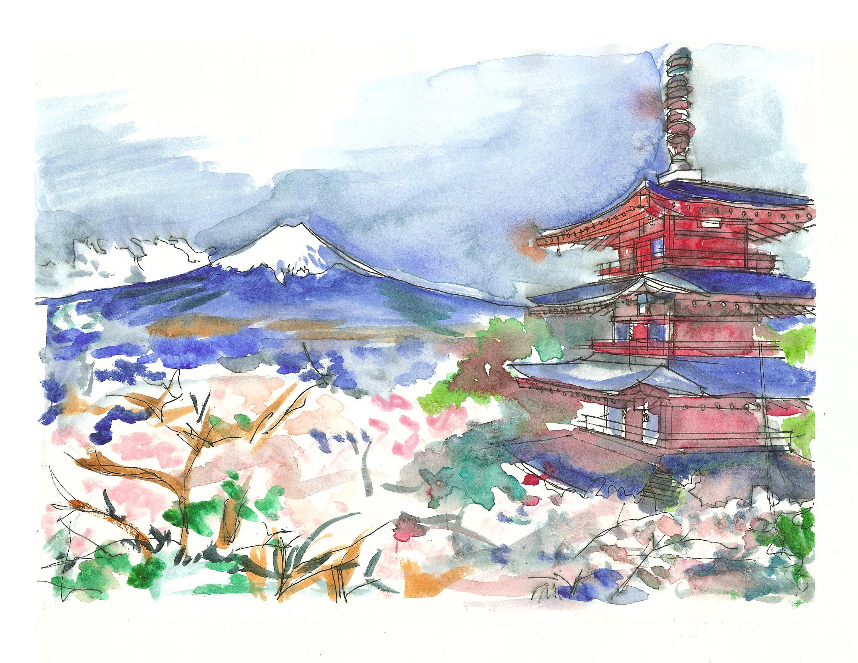 Japanese watercolor set - cherry blossoms branch, paper lanterns, Fuji  mountain, gate, red umbrella, fan Stock Illustration
