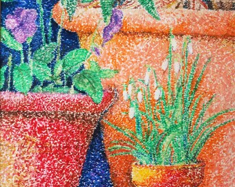 Original Drawing | Pointillism Pastel Drawing | Pastel Drawing | Flower Art | Flower in a Pot Drawing | Wall Art | Art Gift