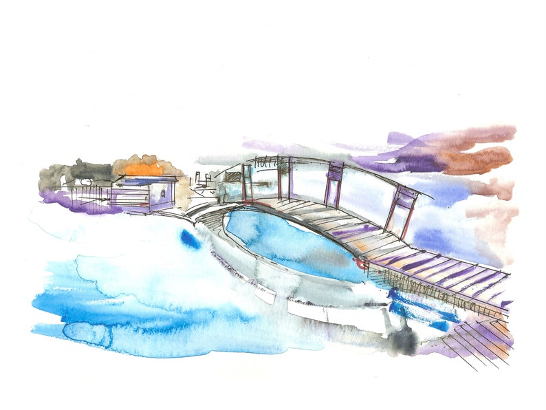 Housewarming Gift Wall Art Marker Drawing Original Sketch Print Travel Art Iceland Art Office Decor Blue Lagoon Print