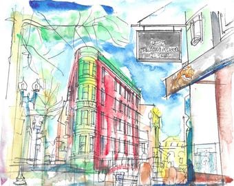 Kunstdruck eines Aquarellgemäldes vom Harvard Square | Wandbild aus Cambridge, Massachusetts | Architekturkunst aus Boston | Geschenk für Harvard-Absolventen | Stadtskizze