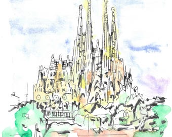 Kunstdruck: Aquarellgemälde der Sagrada Familia in Barcelona | Architekturzeichnung von Barcelona | Wandbild