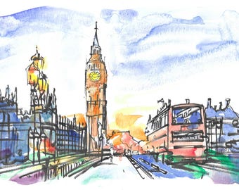 Kunstdruck eines Londoner Aquarellgemäldes, Originalkunstwerk von Big Ben Westminster, Wanddekoration mit Stadtansicht Großbritanniens, Skizze eines roten Londoner Busses, Reisegeschenk