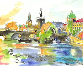 Original Prag Stadtansicht Aquarell Malerei, Karlsbrücke Wand Kunst, handgefertigtes Reise Poster, Kunstdruck