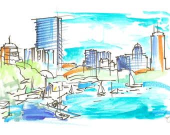 Boston Watercolor Painting Print | Original Watercolor Print of Massachusetts | Boston Sailboats | Boston Skyscrapers | Skyline | Boston Art