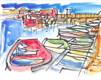 Kunstdruck eines Aquarellgemäldes von Gloucester Harbor | Fischerboote von Cape Ann | Küstenkunst aus Massachusetts | Maritime Wanddekoration