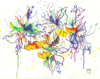 Abstract Acrylic Painting, Markers and Color Pencils of Flowers, Abstract Art, Modern Art, Art Print, Wall Art, Art Gift, Home Decor