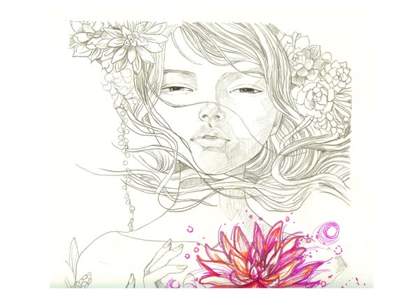 Pencil Sketch Drawing Of Audreys Girl With Red Flower Girl Sketch Female Drawing Pink Flower Pencil Sketch Modern Drawing