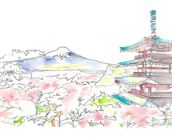 Kunstdruck des Berges Fuji, Japan | Arakura-Sengen-Schrein | Kirschblüten | Wunderschöne Landschaft | Kunstgeschenk | Japanische Kunst | Geschenk