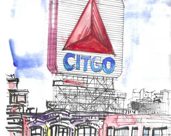 Kunstdruck eines Aquarellgemäldes des Citgo-Schildes in Boston, Wandbild vom Kenmore Square, Geschenk für Boston Red Sox-Fans, Kunst aus der Gegend um den Fenway Park