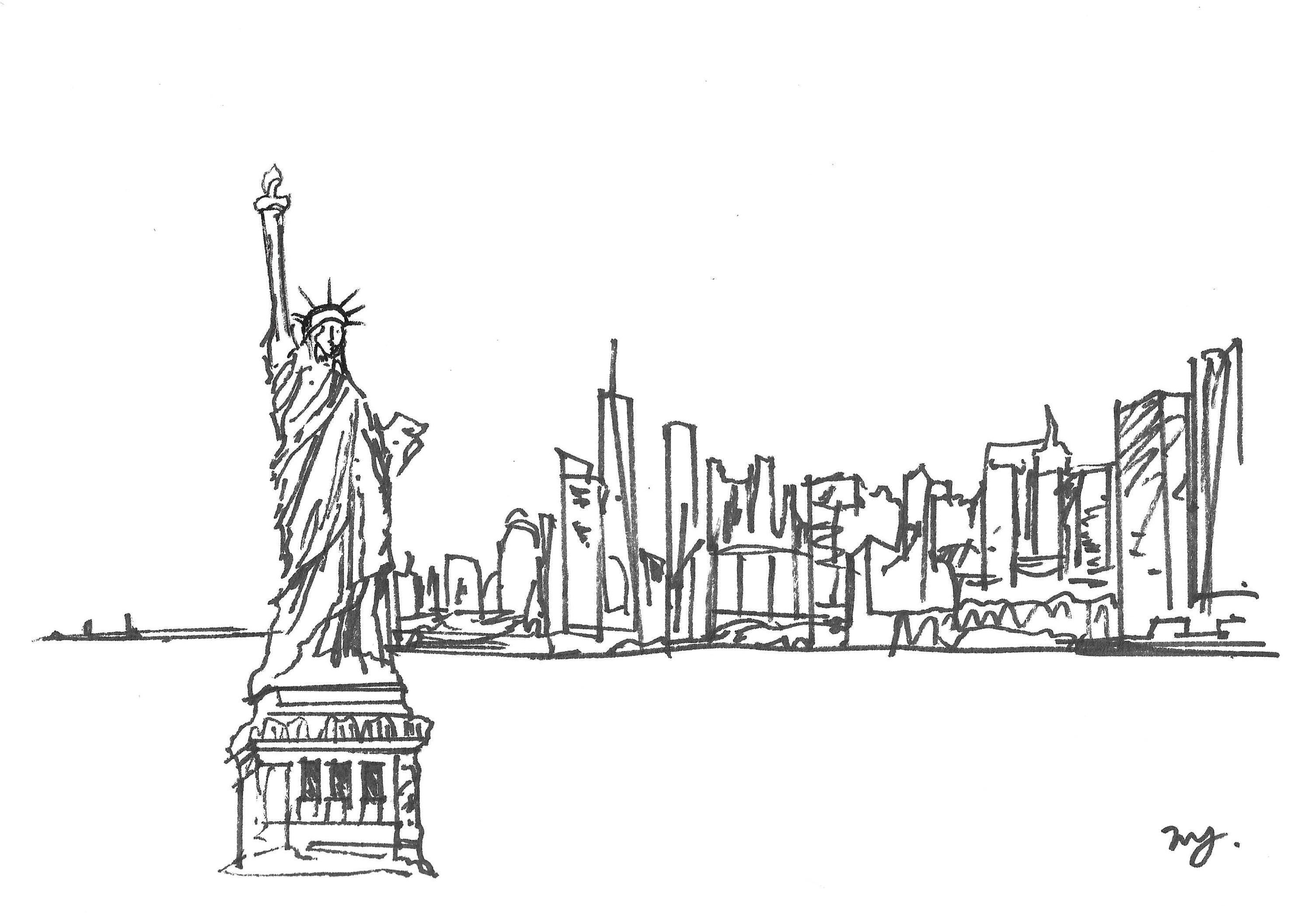 Original New York City Skyline Drawing, Black and White, Statue of ...