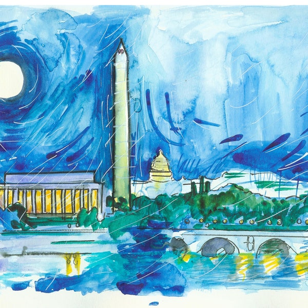 Original Watercolor Drawing PRINT | Washington D.C. | Capitol, DC Monuments | Dc Skyline | Mur Art | Cadeau d'| Art de voyage