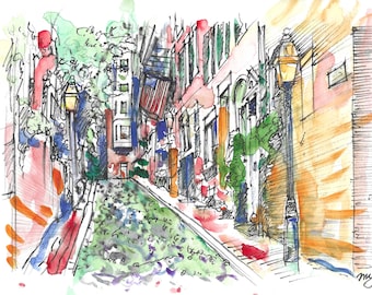Kunstdruck eines Aquarellgemäldes von Beacon Hill, Boston | Architektur der Acorn Street | Historische Wandkunst aus Boston | Kunst aus Massachusetts