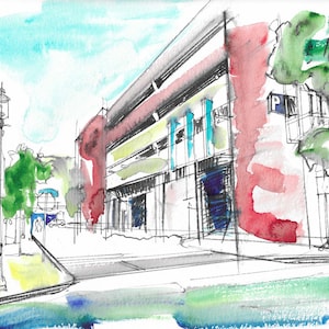 Original Watercolor Drawing | Sketch | Lowell, MA | Edward Early Parking Garage | Contemporary Wall Art | Gift