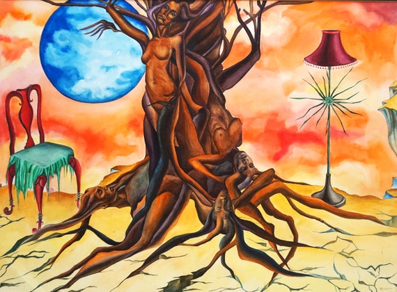 Nude Women In Tree Amongst Blue Moon Watercolor Art Abstract Etsy