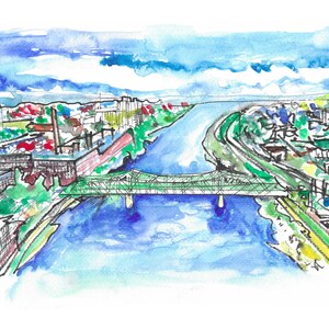 Original Watercolor Drawing | Sketch | Lowell, MA | Central Bridge | John E. Cox Memorial Bridge | Contemporary Wall Art | Gift