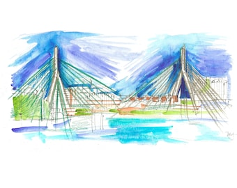 Original Watercolor Print, Boston Sketch, Boston Art, Boston Bridge Drawing, Boston Harbor Drawing, Boston's Leonard P. Zakim Bunker Hill
