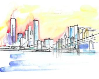 Kunstdruck einer New Yorker Skyline, Aquarellmalerei, Stadtbildillustration, Kunstgeschenk