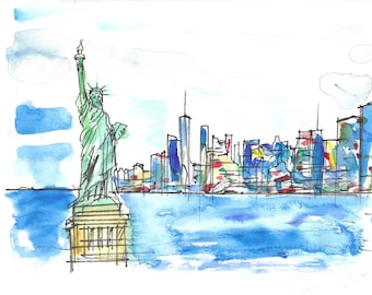 Kunstdruck eines originalen Aquarellgemäldes der New Yorker Skyline, Freiheitsstatue-Motiv, 8x11 Stadtbildillustration