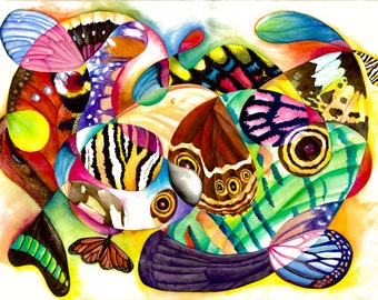 Original Watercolor Drawing | Large Wall Art | Primary Colors Butterflies | Abstract Art | Anatomy Art | Contemporary | Modern Painting