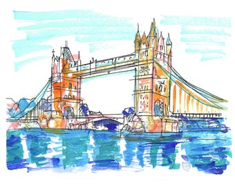Kunstdruck der London Bridge | London-Aquarell | Tower Bridge | Themse | Wandbild | Kleines Geschenk | 16,5 x 21,5 cm
