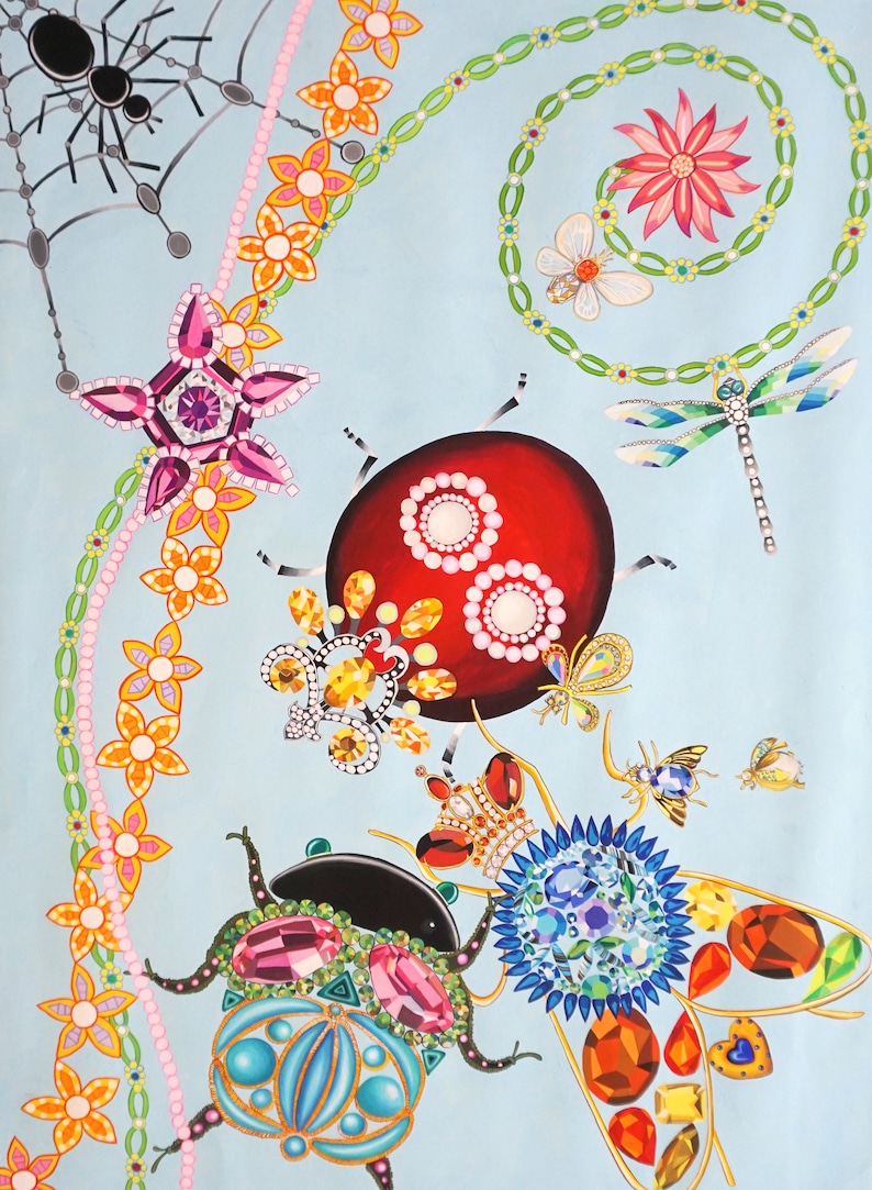 May include: A colourful illustration of a ladybug, a beetle, a dragonfly, and a spider on a light blue background. The insects are adorned with jewels and pearls.