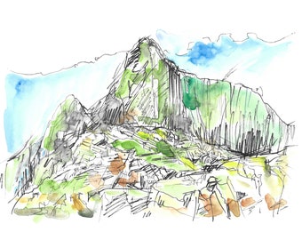 Kunstdruck einer Aquarellzeichnung | Machu Picchu | Anden in Peru | Moderne Wandkunst | Markerzeichnung | Ausdrucksstarkes Gemälde | Geschenk