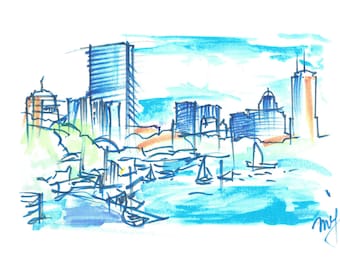 ART PRINT of Boston Watercolor Painting | PRINT of Massachusetts | Boston Sailboats | Boston Skyscrapers | Skyline | Boston Art