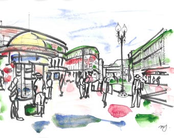 Kunstdruck des Harvard Square, Cambridge, Massachusetts; Stadtskizze von Boston; Einzigartige Wanddekoration; Architekturzeichnung