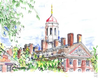 Kunstdruck eines Aquarellgemäldes der Harvard University, Wandkunst vom Ivy-League-Campus, Harvard Dunster House, Cambridge, MA