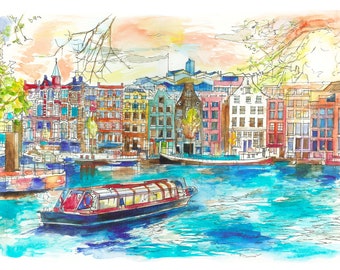 PRINT of Original Watercolor Painting of Amsterdam | Original Drawing Art Print | Netherlands | Amsterdam Canal Houses | Wall Art | Art Gift