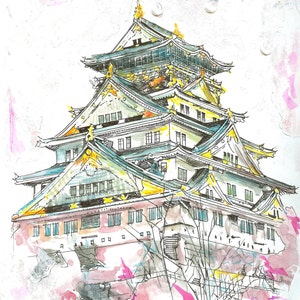 Osaka Castle and Museum of History Art Print | Japan Sketch | Osaka Art | Japan Painting | Modern Art | Contemporary Art | Travel Sketch